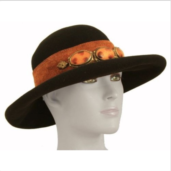 Eric Javits Black Wool Hat Wide Brim Suede Band with Stones Vintage Retro HTF